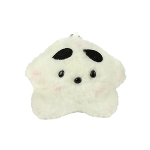 Cute white star plush keychain with soft fur and black ears on a plain white background