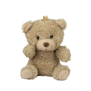 Cute light brown teddy bear plush keychain with soft curly fur and metal bead chain