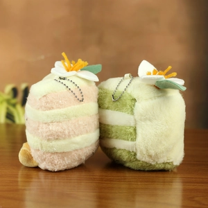 Detail showing plush striped square cake keychains with felt flowers and metal chains