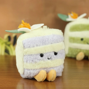 Detail of plush cake keychain with purple stripes, cute face, and metal ball chain