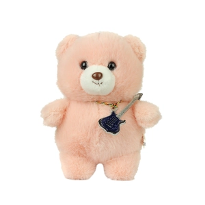 Cute pink teddy bear plush keychain with a blue electric guitar pendant necklace