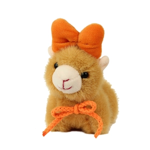 Cute brown alpaca plush keychain with a large orange bow on white background