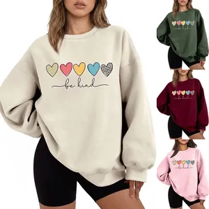 Sweat-shirt Femme Col Rond Mélange Coton Chaud Oversized Imprimé Coeur Be Kind Manches Longues Décontracté Streetwear