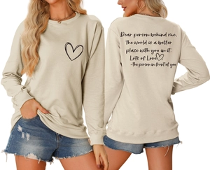Sweat beige à col rond avec petit cœur et message de motivation au dos