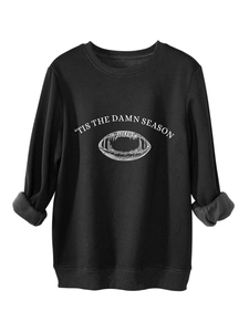 Detail of black fleece sweatshirt inner lining and white 'Tis the Damn Season' football print