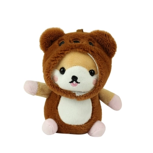 Cute Shiba Inu plush toy in brown bear hoodie keychain for bags and backpacks