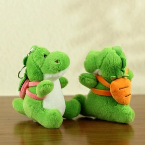 Detail of plush dinosaur charms with tiny backpacks and metal keychains