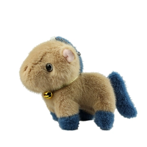 Cute brown and blue capybara plush keychain with a gold bell on a standard white background