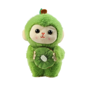 Porte-clés singe en peluche avec costume de kiwi vert et broderies détaillées