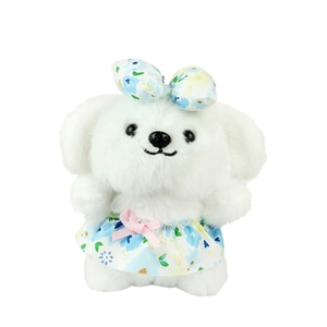 Cute white plush dog toy with floral bow and skirt for backpacks and accessories