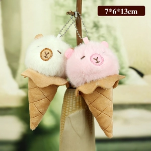 Cute capybara plush keychain in ice cream cone shape with soft fur and metal chain