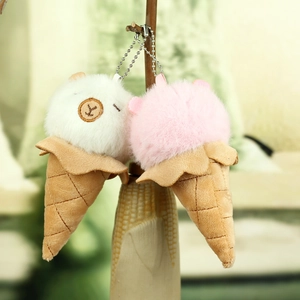 Cute capybara plush ice cream cone keychain with soft fur and metal bead chain