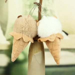 Detail of plush ice cream cone keychains with soft texture and metallic bead chains