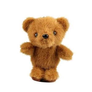 Süßer brauner Teddybär-Plüschanhänger mit lockiger Fellstruktur auf weißem Hintergrund