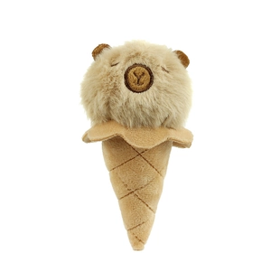 Cute Capybara ice cream plush keychain with soft brown fur and cone design on white background