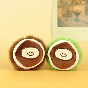 Cute chestnut plush keychain with smiling face in brown and green soft faux fur
