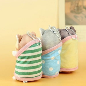 Rear view of cute plush cat charms wrapped in colorful towels with metal bead chains