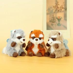 Cute set of three raccoon plush pendants in grey, orange and brown soft faux fur