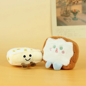 Cute plush bread and cheese bag charms with smiling faces and metal bead chains