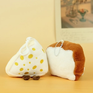 Cute plush toast and cheese charms with soft fabric and 3D feet for bags