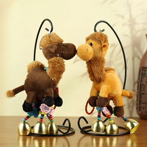 Cute camel plush keychains with golden bells and colorful beads in brown and yellow
