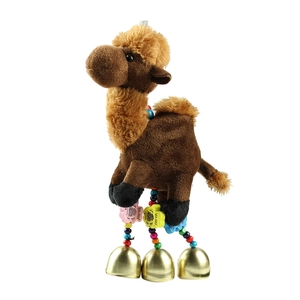 Plush camel keychain with colorful wooden beads and three golden bells hanging on white background