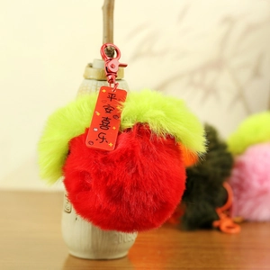 Dettaglio del portachiavi in peluche rosso con ciondolo fortunato su un vaso