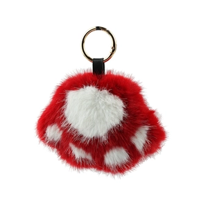 Porte-clés patte de chat rouge en peluche avec points blancs et anneau doré