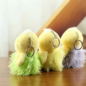 Detail of plush duck charms with colorful fur skirts and silver metal keychains