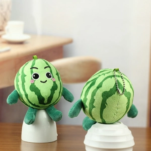 Front and back detail of a cute plush watermelon keychain with smiling face and metal chain