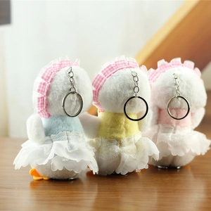 Detailed back view of plush duck keychains in blue, yellow, and pink with lace skirts