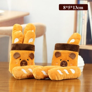 Cute capybara plush keychain bread shaped storage pouch 8x5x13cm on wooden table