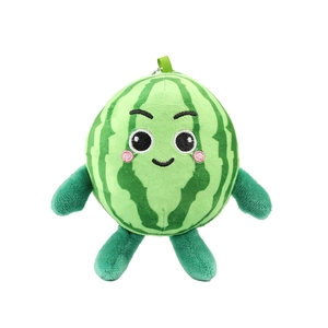 Cute watermelon plush keychain with green stripes and a smiling face for bags