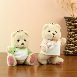 Detail of plush teddy bear keychains in pink and green hoodies on a wooden surface