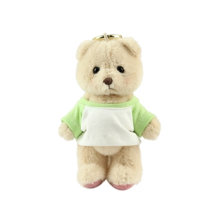 Cute beige teddy bear keychain plush toy wearing a green and white striped t-shirt