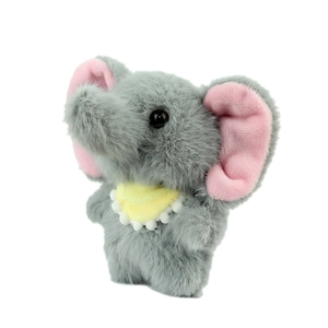 Cute grey plush elephant keychain with pink ears and yellow bib on a white background