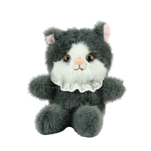 Cute grey cat plush toy with white lace collar and soft faux fur for girls' gift