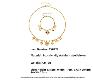 Detailed gold-plated puppy pendant set with zircon dog paw, bone and heart charms