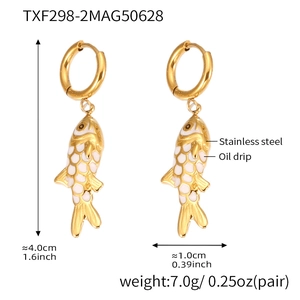 Détail de pendentifs poissons en acier doré 18K avec écailles en émail blanc