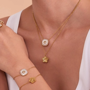 Collier Et Bracelet En Acier Inoxydable Floral Nacre Carré Zircone Bijoux Élégants Pour Femmes