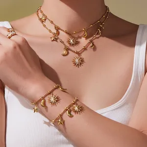 Collier Et Bracelet En Acier Inoxydable Soleil Lune Étoile Céleste Zircon Incrusté Bijoux Bohèmes Vintage Pour Femmes