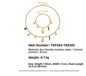 Detail of stainless steel necklace and bracelet with colorful heart and clover charms