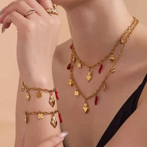 Stainless Steel Necklace Bracelet Anklet Heart Chili Pepper Ladybug Four Leaf Clover Charms Zircon Gold Silver Color DIY Women