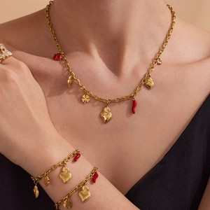 Gold stainless steel heart crown necklace and bracelet set with red chili and ladybug charms
