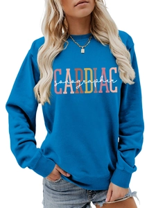 Close-up of Cardiac Sonographer print on blue crewneck sweatshirt with ribbed cuffs