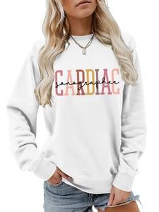 Detail of white Cardiac Sonographer sweatshirt with colorful typography and long sleeves