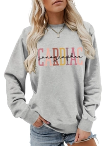 Detail of Cardiac Sonographer print on light gray crewneck sweatshirt for women
