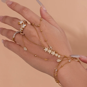 Ensemble bracelet de main et bague feuille en acier inoxydable doré 18 carats