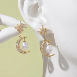 Collana Con Pendente Stella Luna E Orecchini Gioielli Acciaio Inossidabile Zircone Imitazione Perla Artificial Accessori Moda Donna