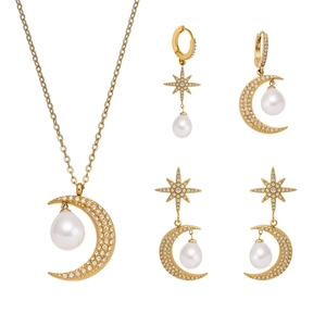 Set gioielli dorato con luna, stelle, zirconi e perle a goccia per donna
